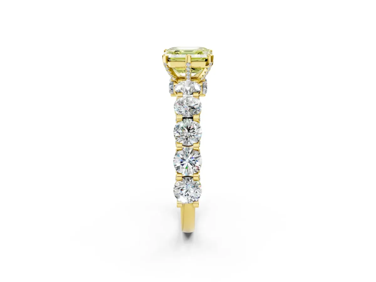 Fancy Yellow Asscher Cut Diamond Side Stone Engagement Ring with Four-Prong Setting Yellow gold