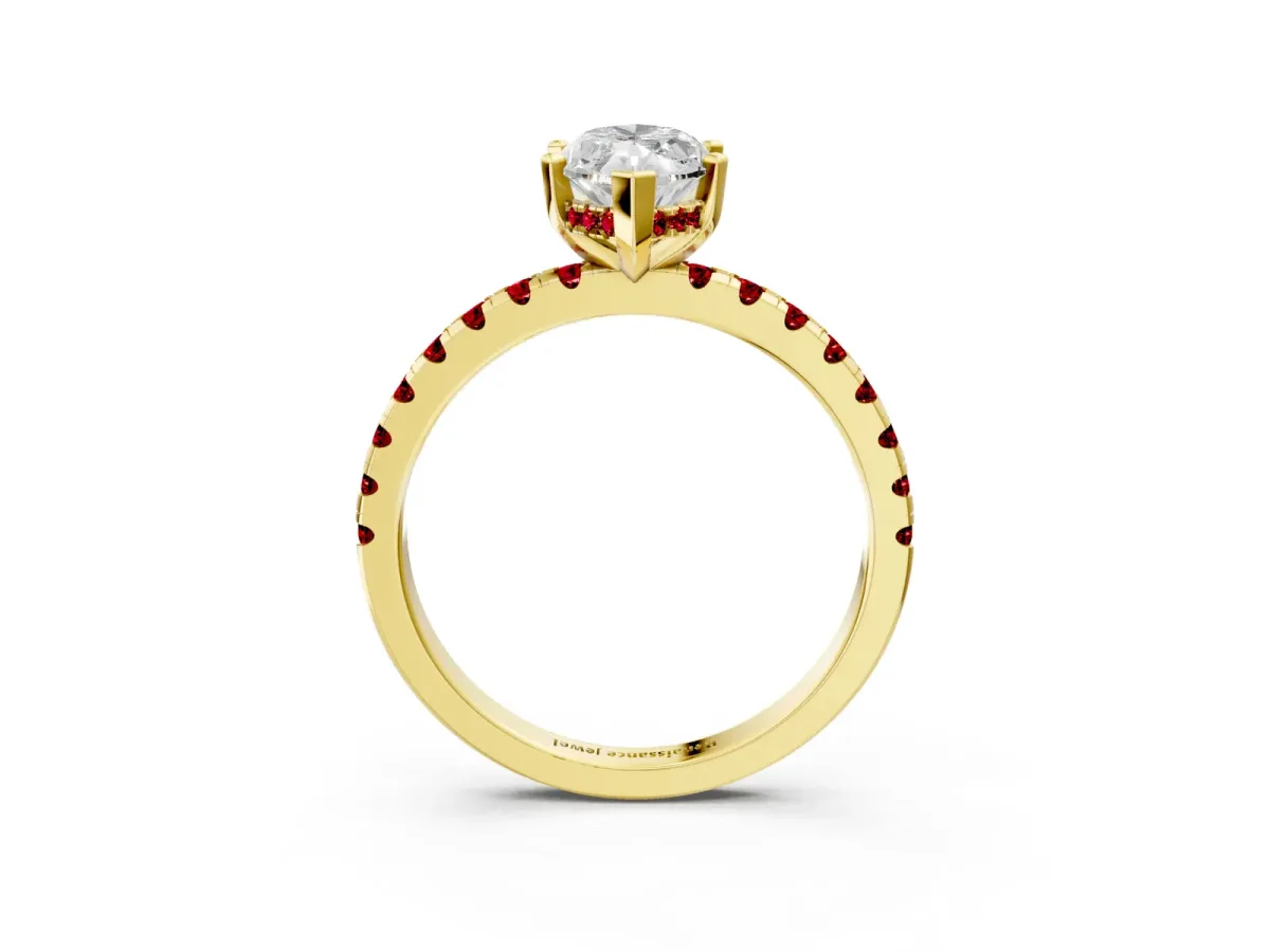 Marquise Cut Diamond Solitaire Ring with Round Ruby Pavé Band and Four-Prong Setting Yellow gold