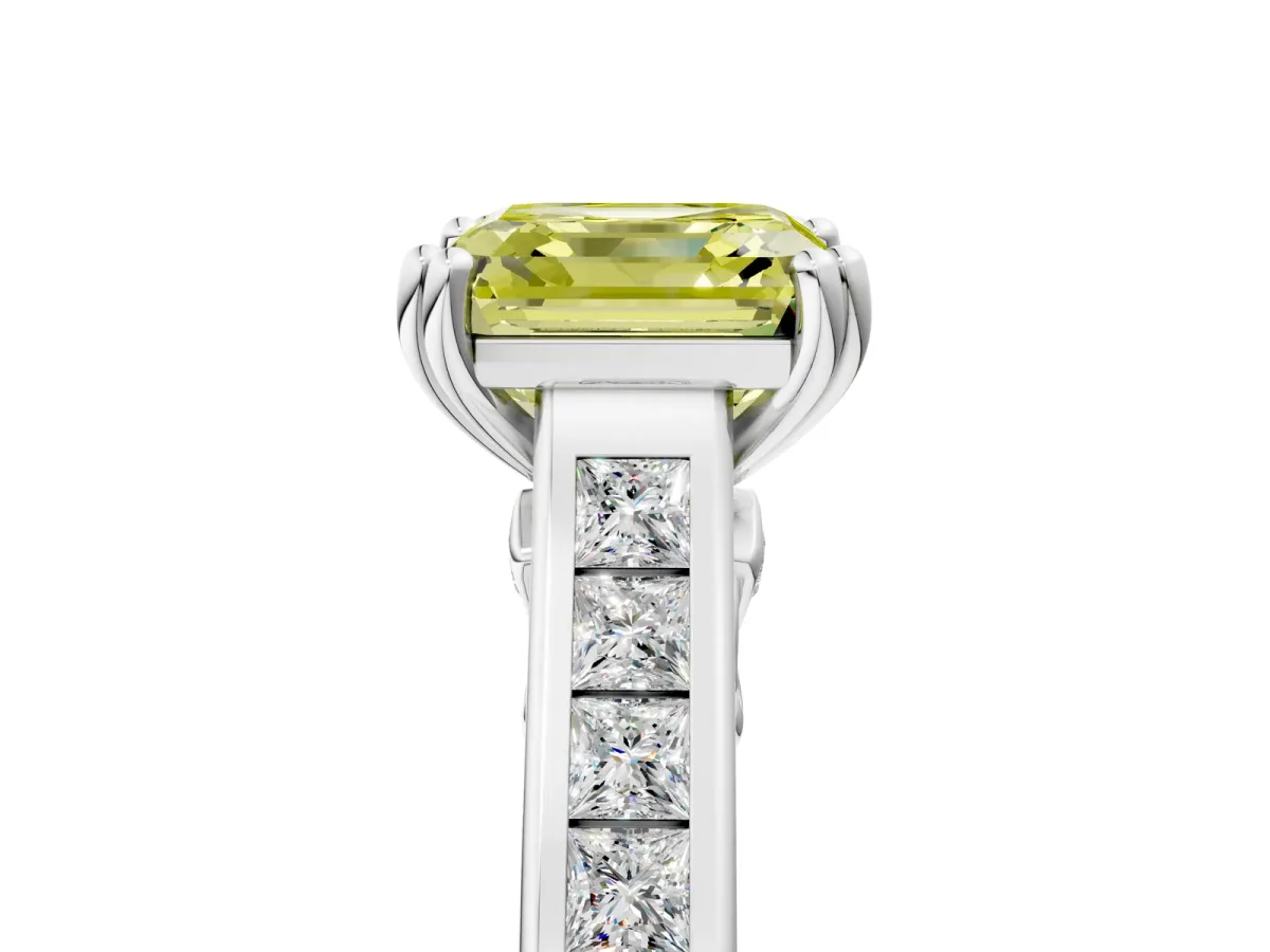 Fancy Yellow Asscher Cut Cut Channel Set Solitaire Engagement Ring with Prong Setting Platinum