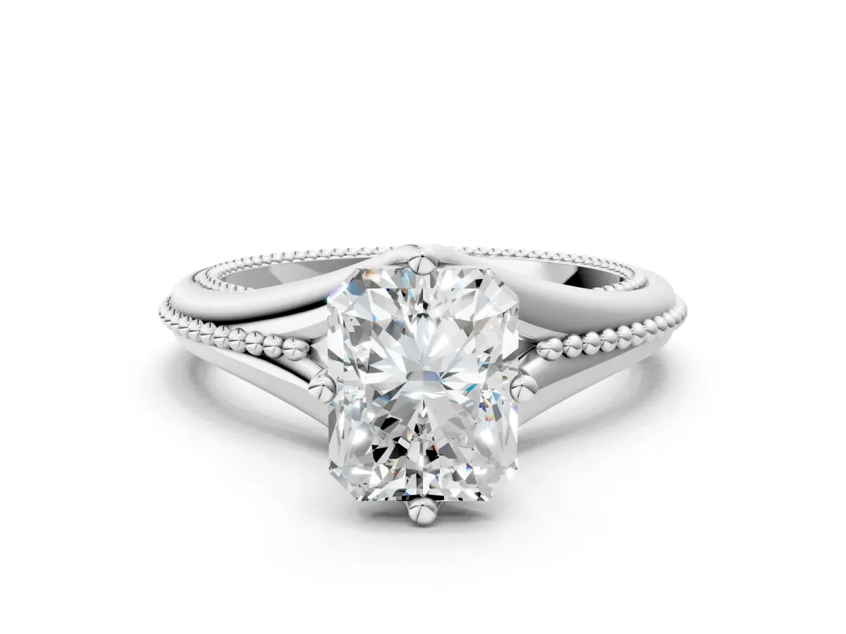 Radiant Cut Solitaire Beaded Band Six-Prong Setting Platinum