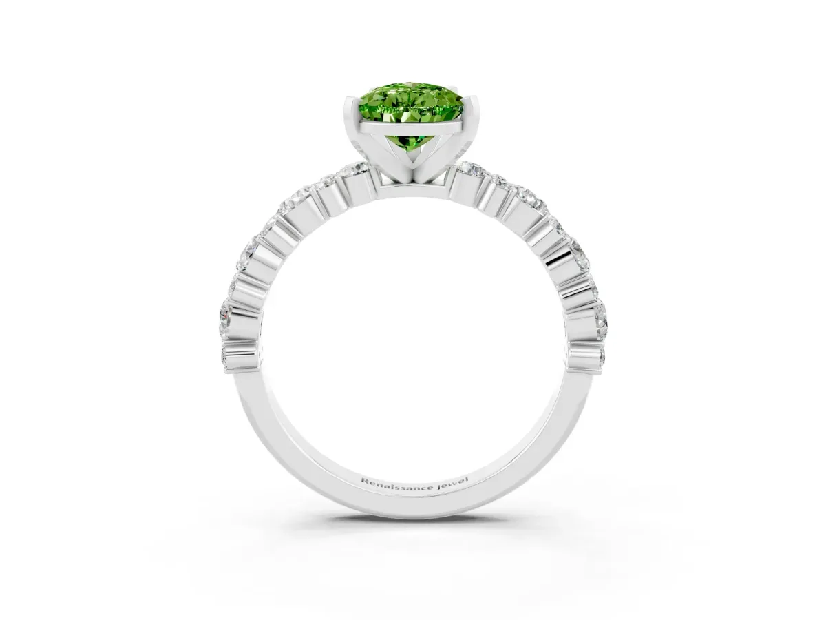 Pear Cut Peridot Side Stone Solitaire Ring with Round and Four-Prong Setting White gold