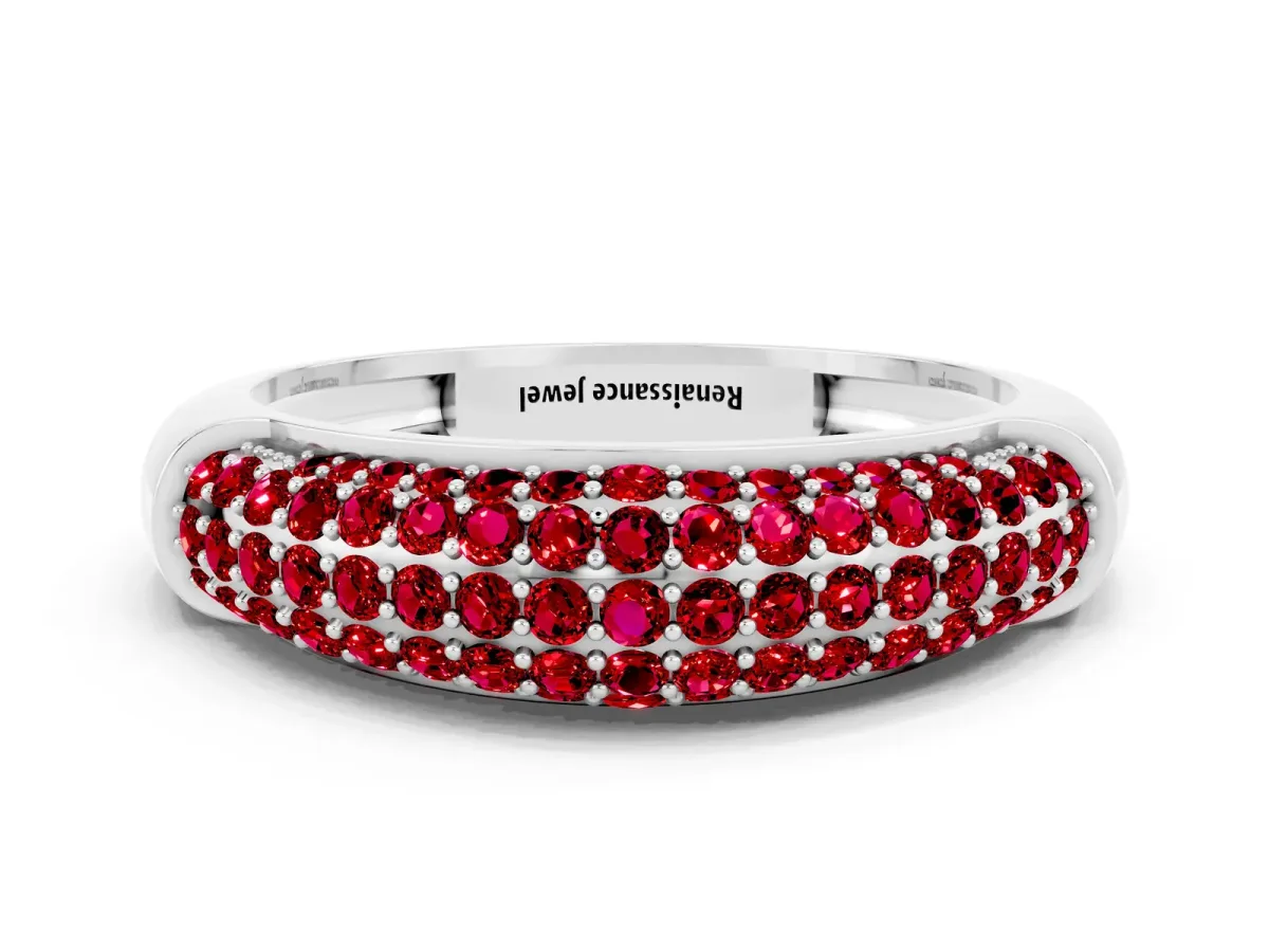 Three-Row Pavé Round Ruby Dome Band White gold