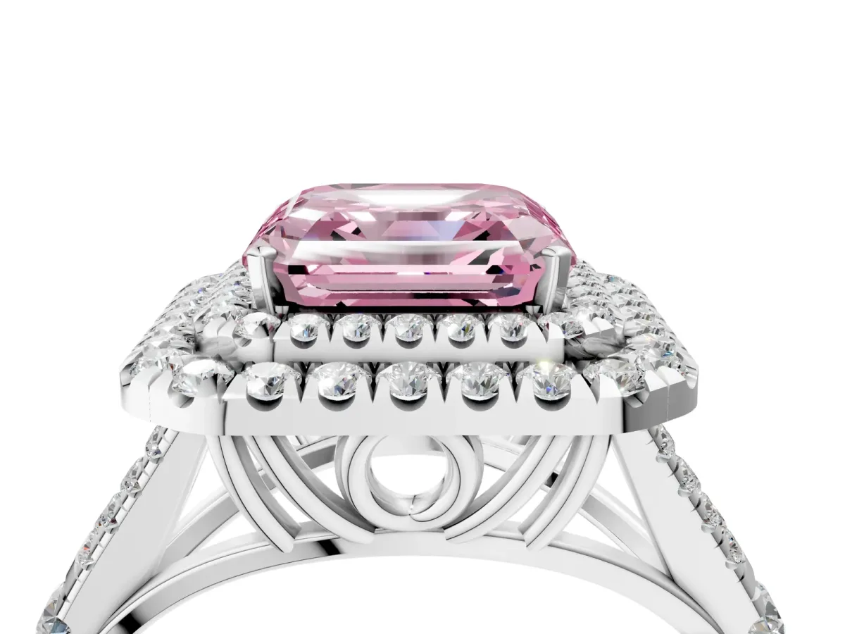 Fancy Pink Asscher Cut Cut Double Halo Split Shank Diamond Ring with Prong Setting Platinum