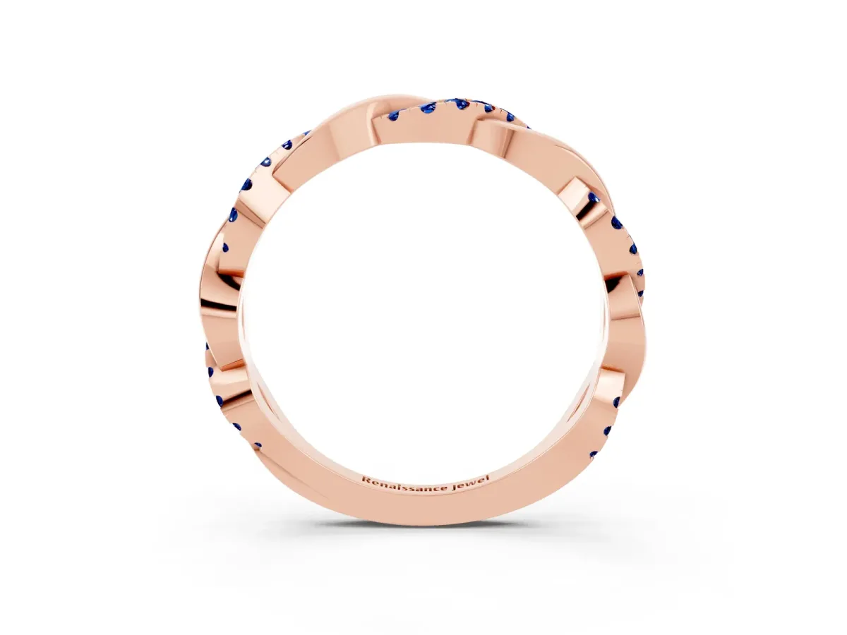 Round Blue Sapphire Twist Eternity Band with Pavé Setting Rose gold