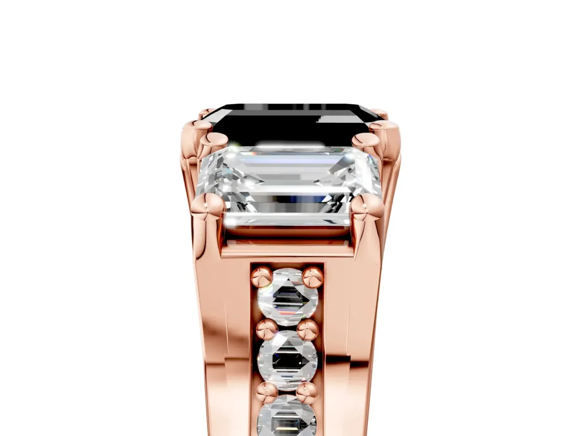 Fancy Black Emerald Cut Diamond Three-Stone Ring with Channel Set Band and Four-Prong Setting Rose gold