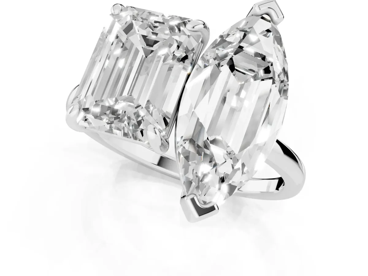 Emerald and Marquise Toi Moi Ring with Prong Setting and Plain Band Silver