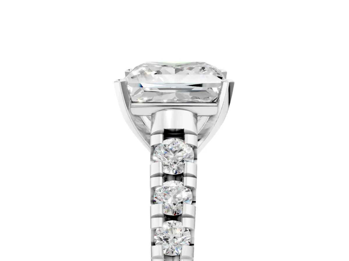 Princess Cut Diamond Cathedral Solitaire Ring with Round Moissanite Pavé Band Silver