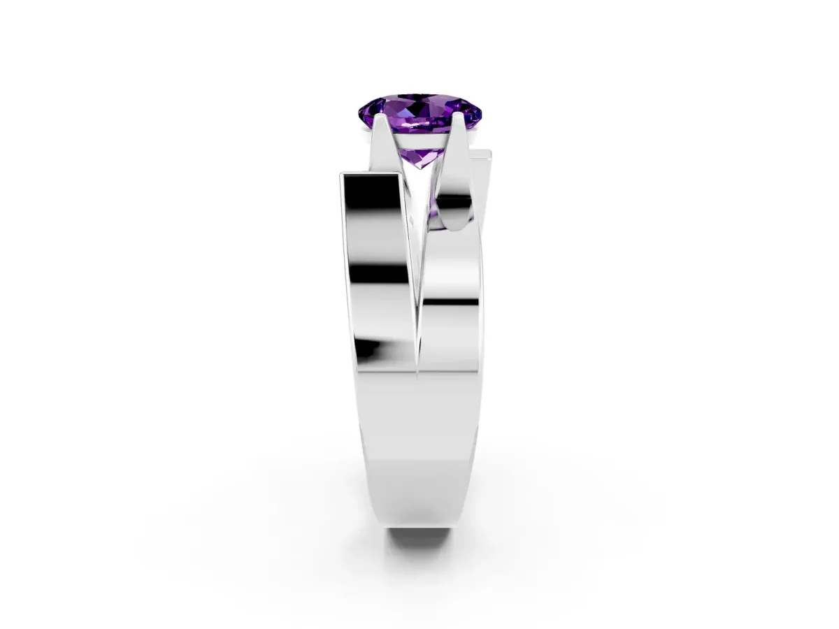 Modern Tension Set Round Cut Amethyst Solitaire Wide Band Ring Silver