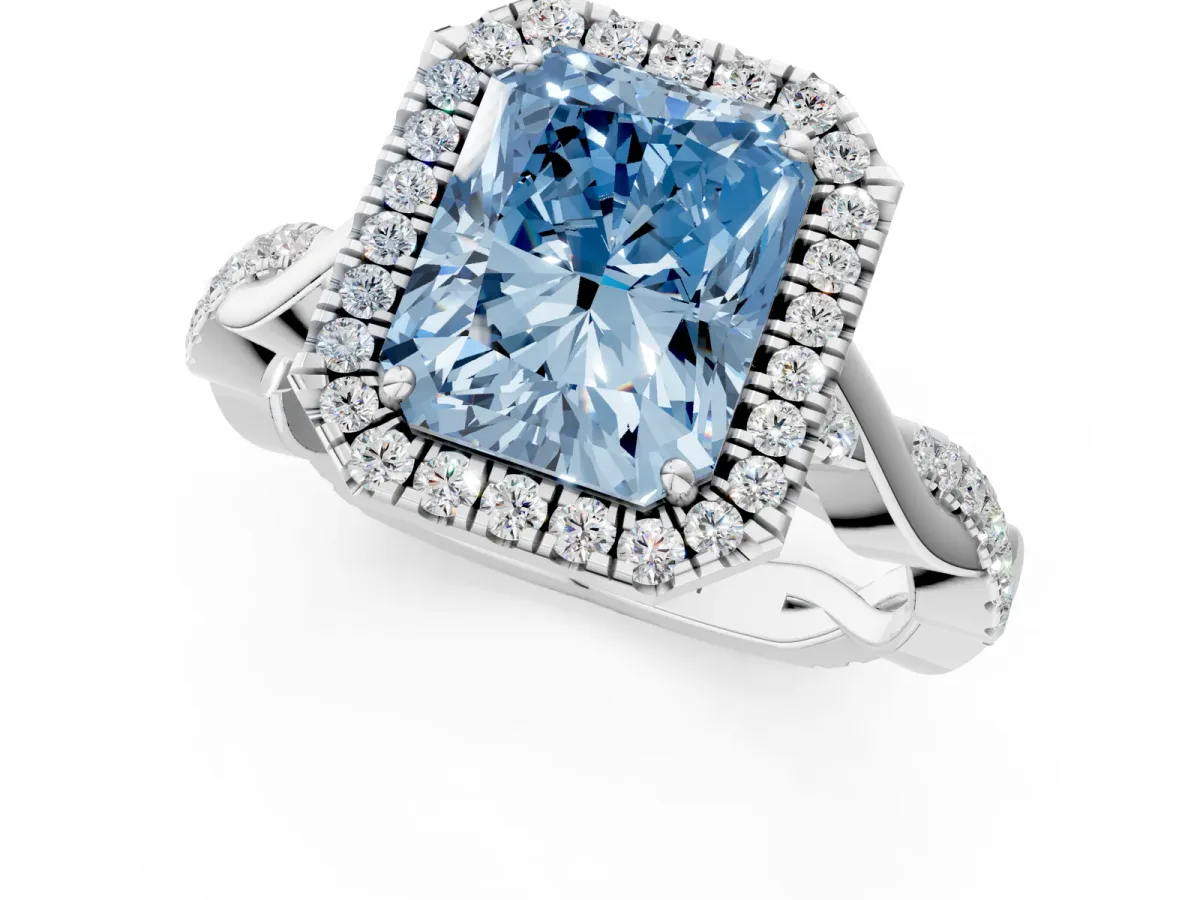 Fancy Blue Radiant Cut Halo Twist Band Solitaire Ring Platinum