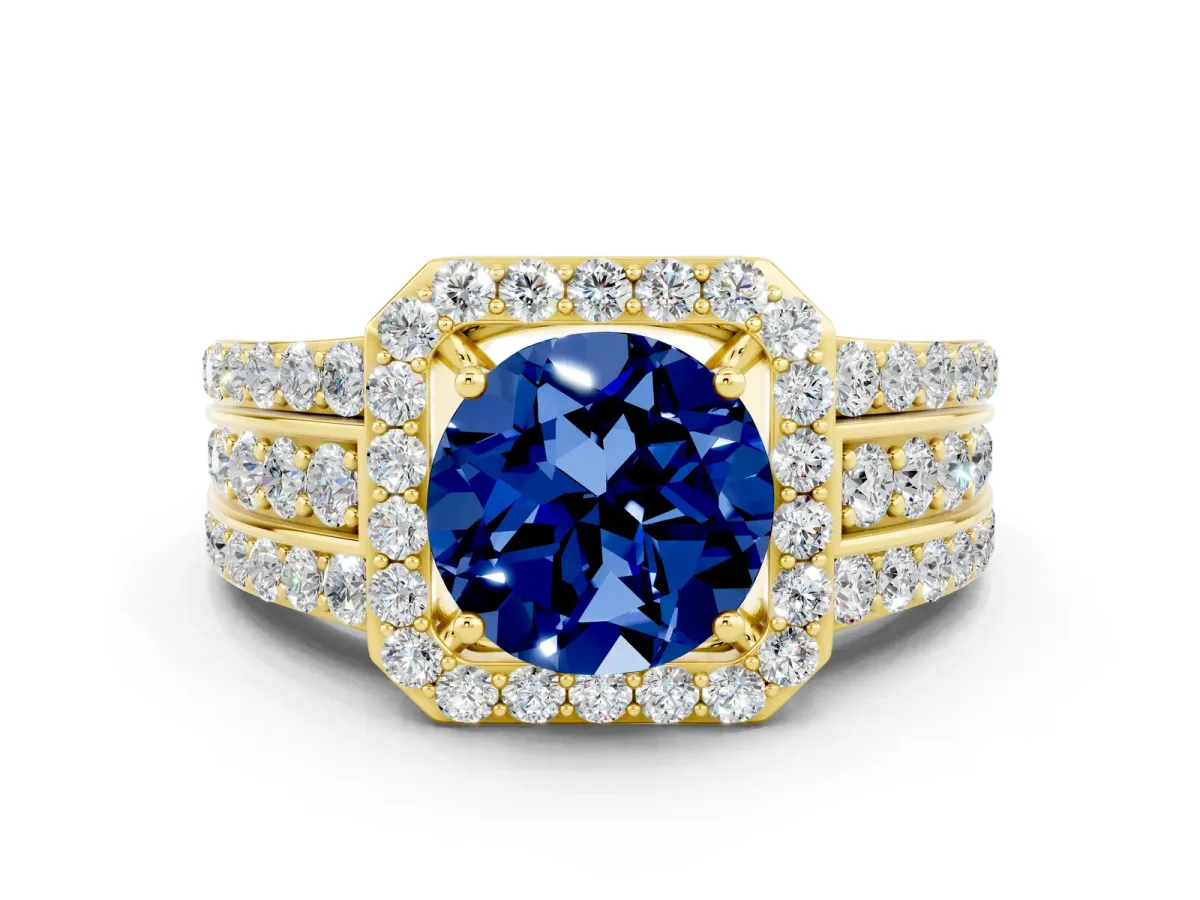 Round Cut Halo Blue Sapphire Ring with Round Split Shank and Prong Setting Yellow gold