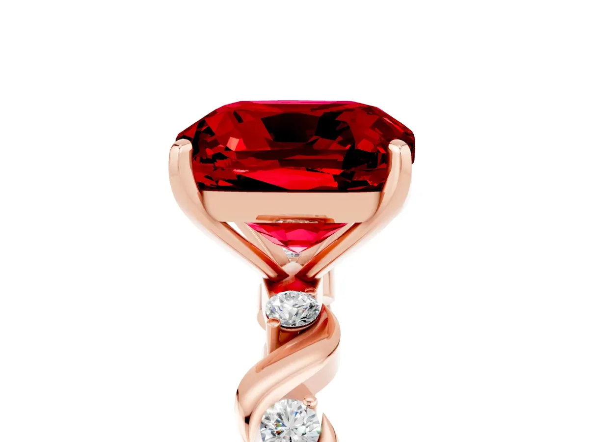 Cushion Cut Ruby Solitaire Twisted Band with Round Accents and Prong Setting Rose gold