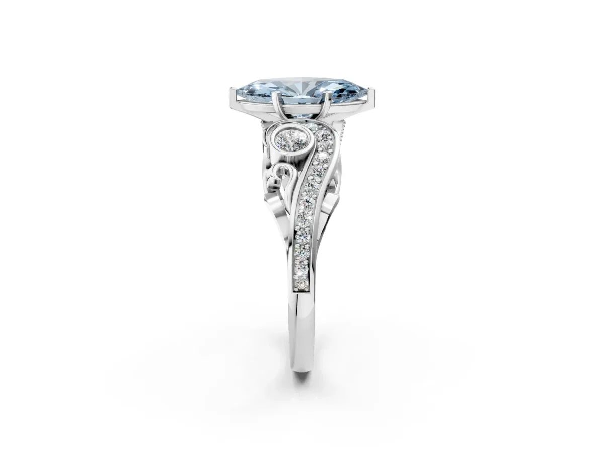 Fancy Blue Marquise Cut Diamond Solitaire Ring with Milgrain Pavé Band and Four-Prong Setting Silver