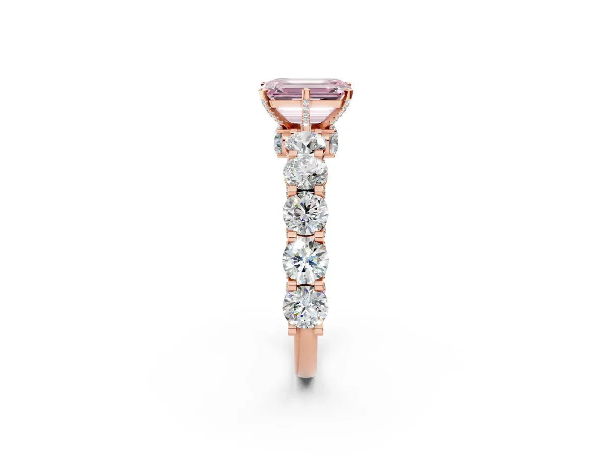 Fancy Pink Emerald Cut Diamond Side Stone Engagement Ring with Four-Prong Setting Rose gold