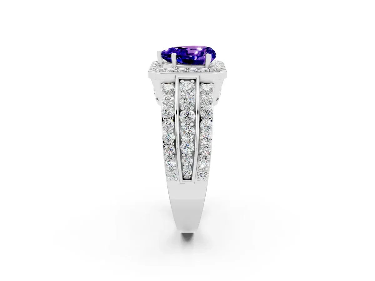Heart Cut Halo Tanzanite Ring with Round Split Shank and Prong Setting Platinum