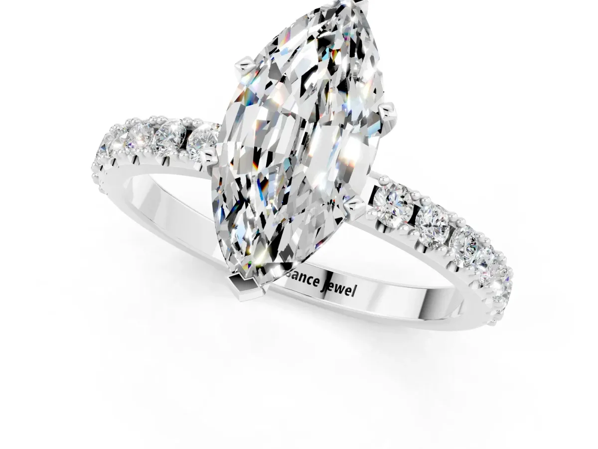 Marquise Cut Moissanite Solitaire Pavé Band with Four-Prong Setting Silver