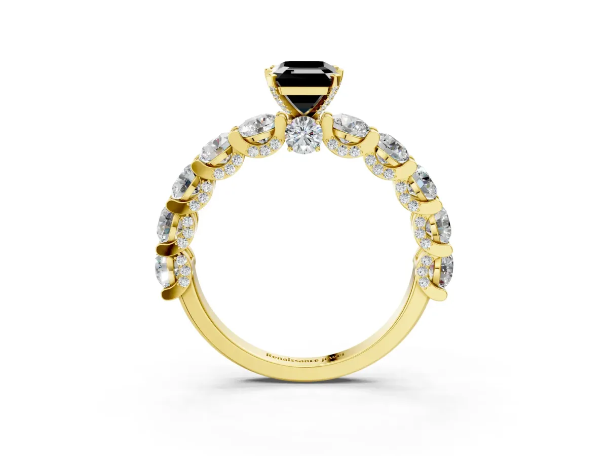Fancy Black Emerald Cut Diamond Side Stone Engagement Ring with Four-Prong Setting Yellow gold