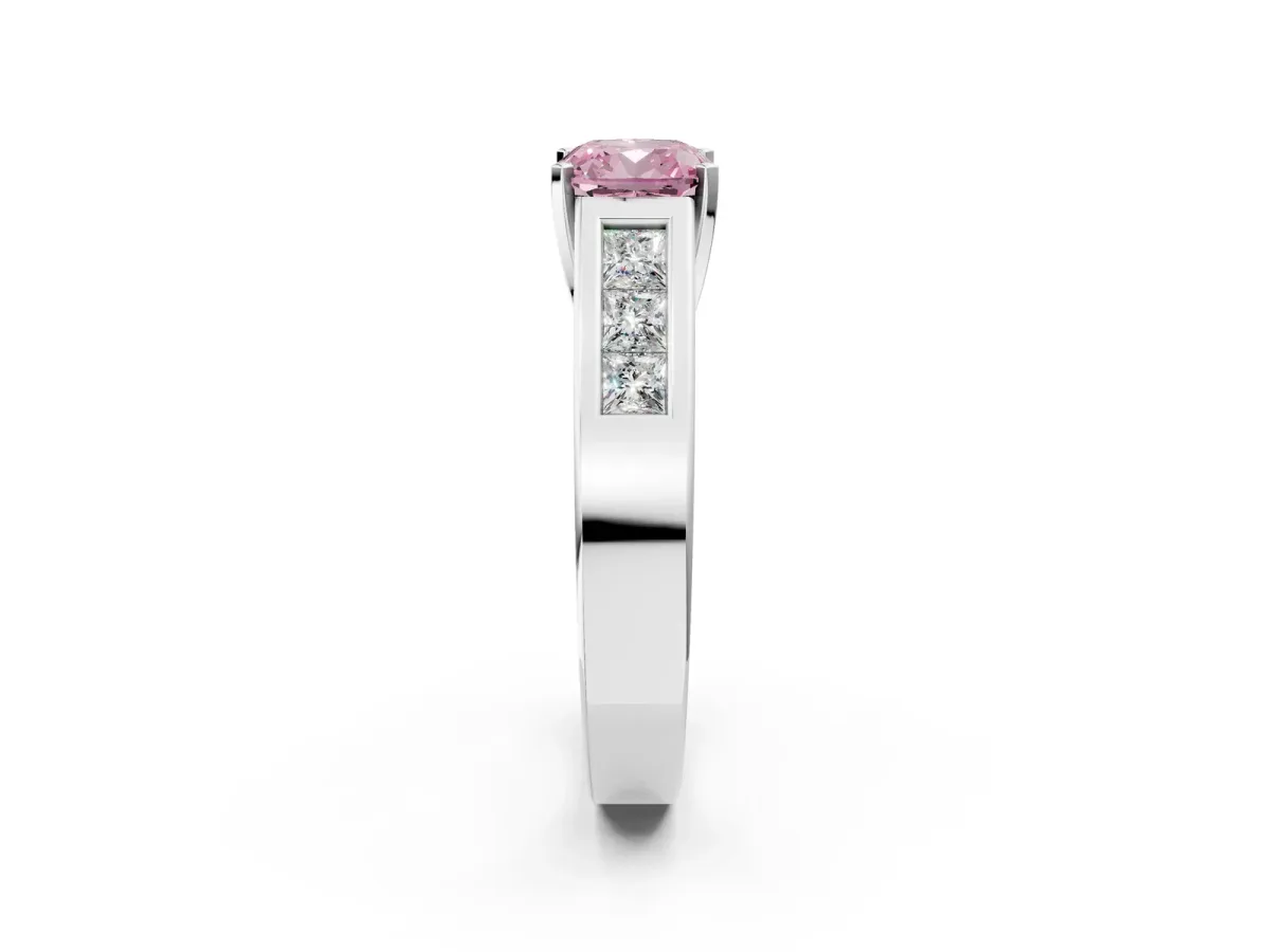 Fancy Pink Cushion Cut Cut Channel Set Solitaire Ring with Four-Prong Setting White gold