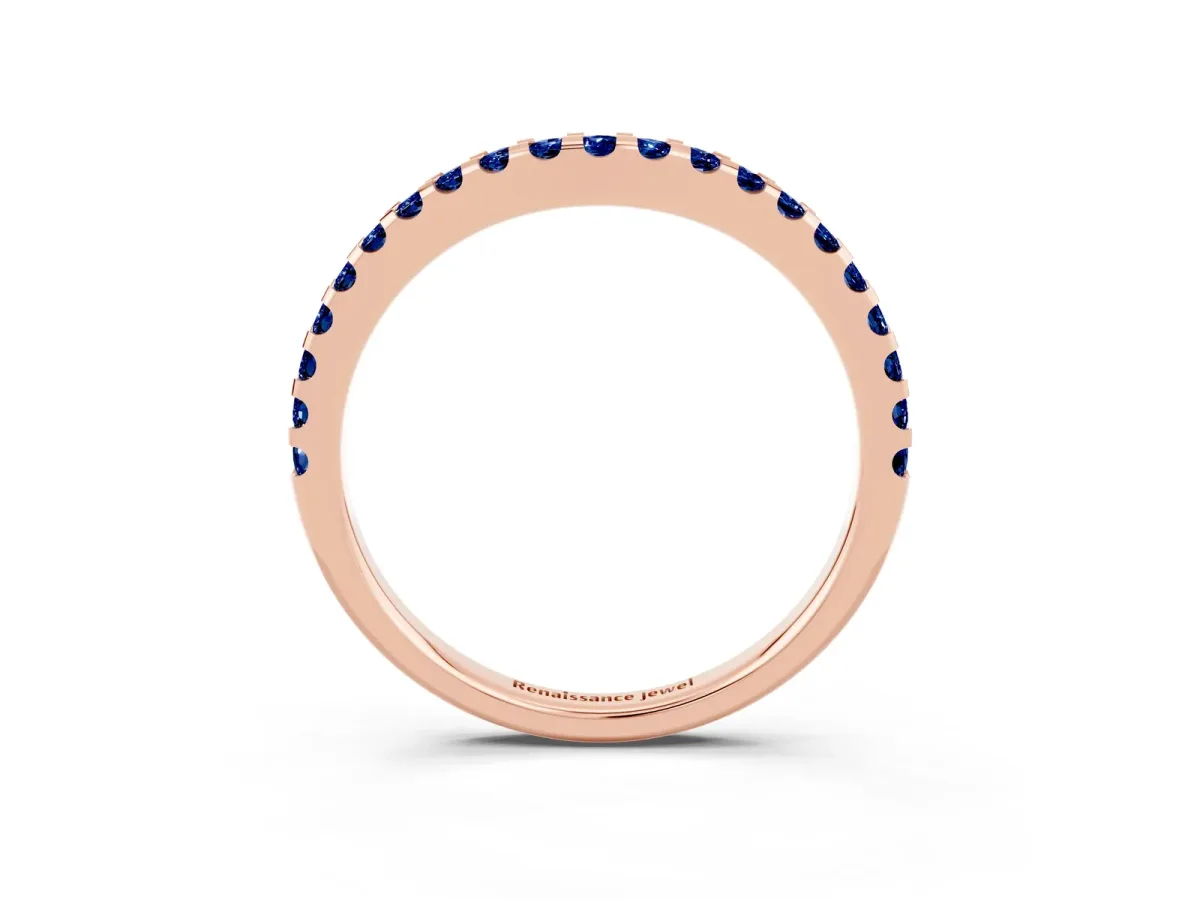 Round Blue Sapphire Pavé Curved Wedding Band Rose gold