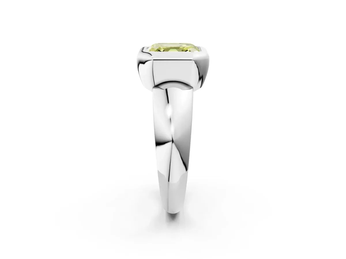 Fancy Yellow Bezel Set Asscher Cut Solitaire Ring with Wide Band Platinum