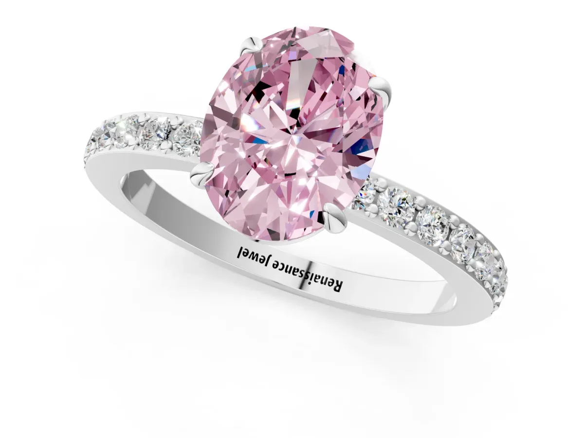 Fancy Pink Oval Cut Diamond Solitaire Engagement Ring with Pavé Band and Four-Prong Setting Silver