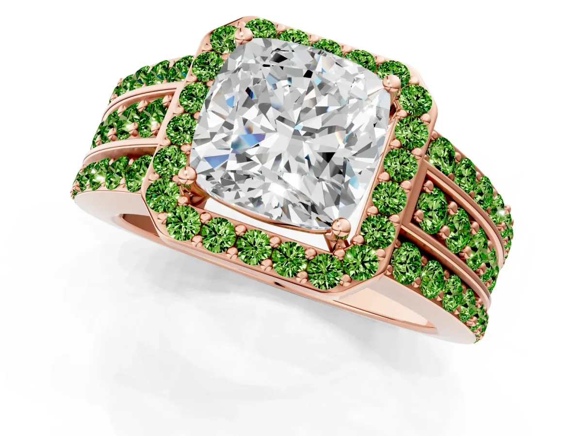Cushion Cut Halo Diamond Ring with Round Peridot Split Shank and Prong Setting Rose gold