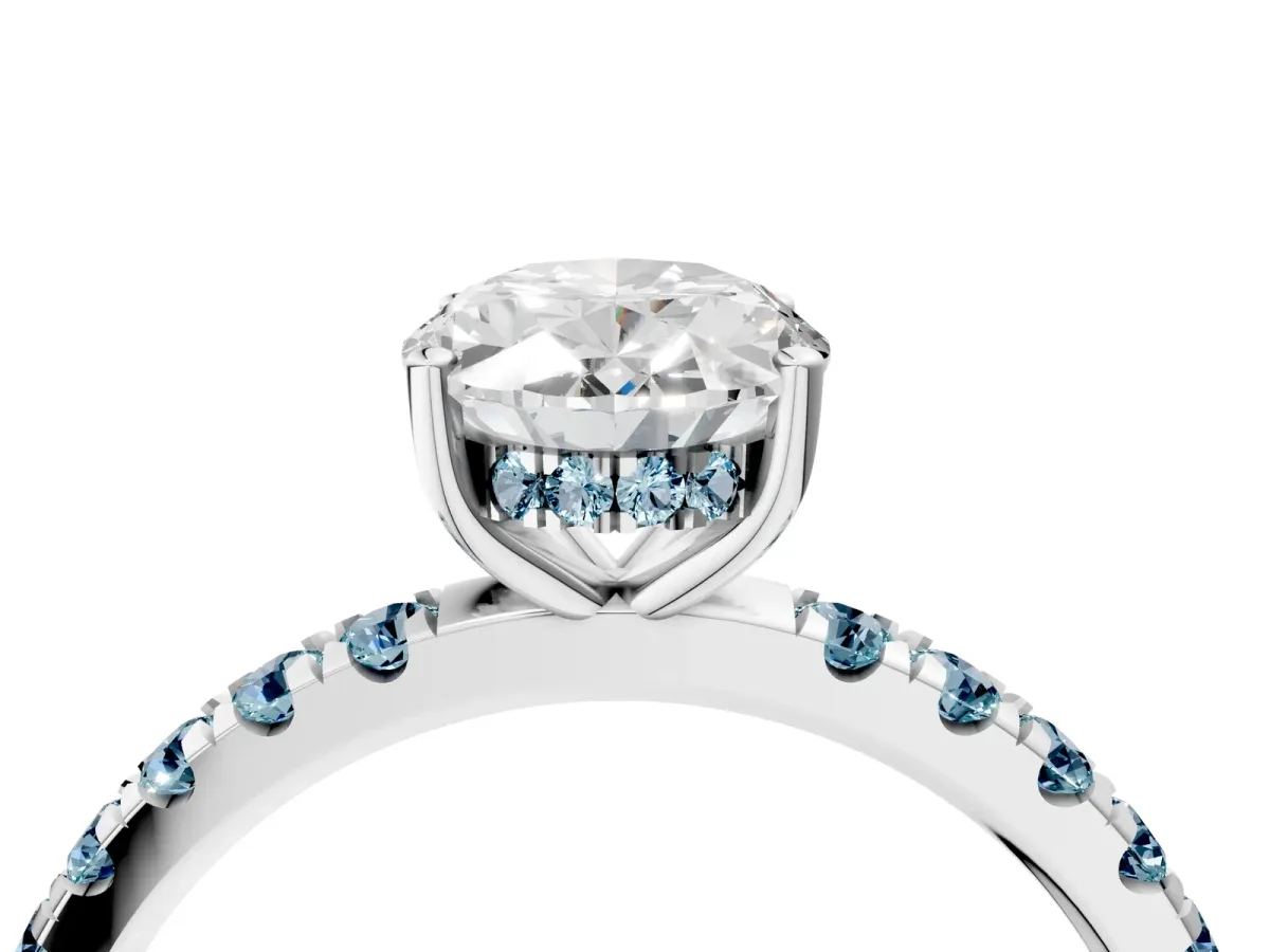 Oval Cut Diamond Pave Band Solitaire Ring with Round Aquamarine and Prong Setting Silver