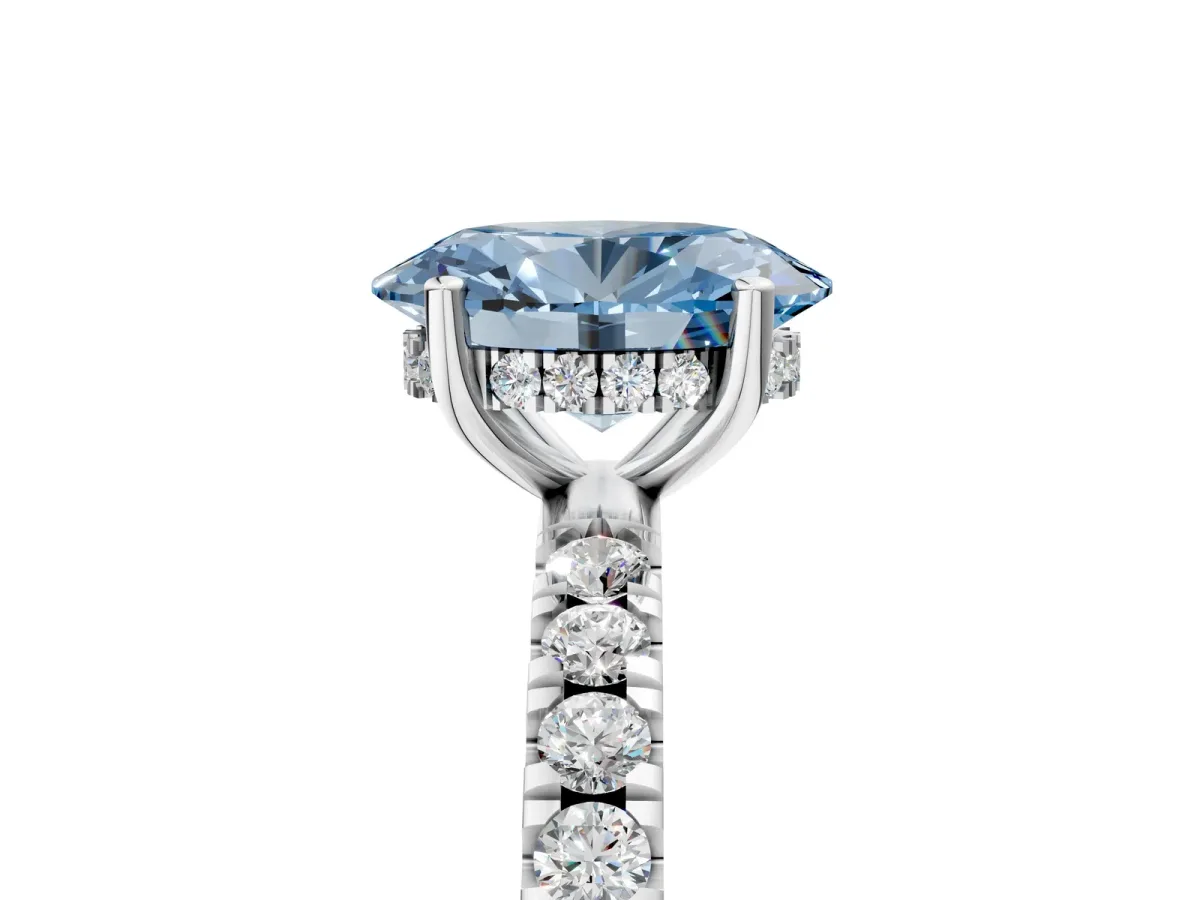 Fancy Blue Oval Cut Diamond Pave Band Solitaire Ring with Round and Prong Setting Platinum