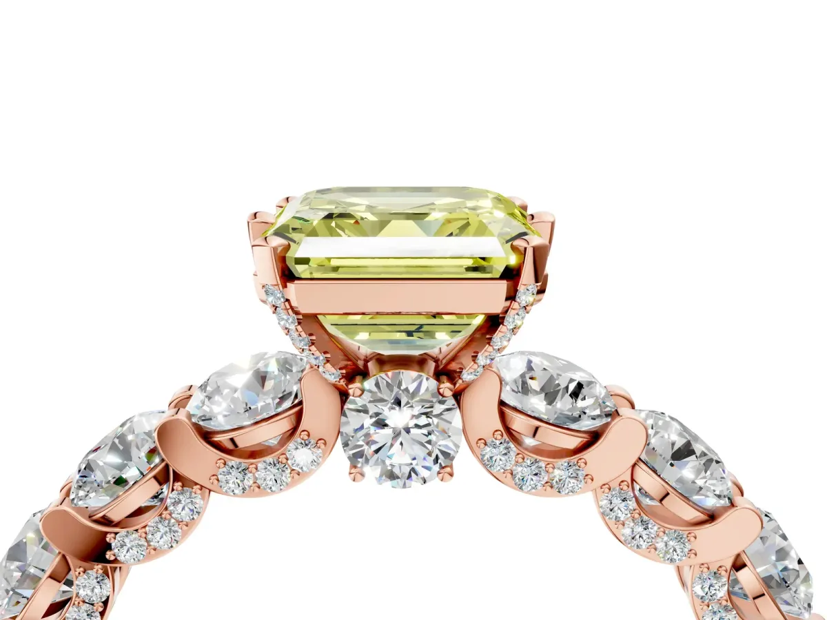 Fancy Yellow Asscher Cut Diamond Side Stone Engagement Ring with Four-Prong Setting Rose gold