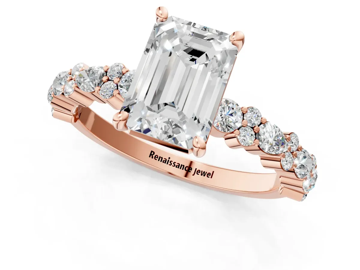 Emerald Cut Diamond Side Stone Solitaire Ring with Round Moissanite and Four-Prong Setting Rose gold