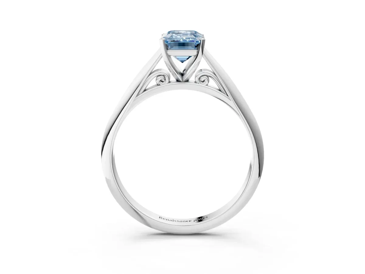 Fancy Blue Emerald Cut Diamond Solitaire Engagement Ring with Cathedral Setting and Four-Prong Mount White gold