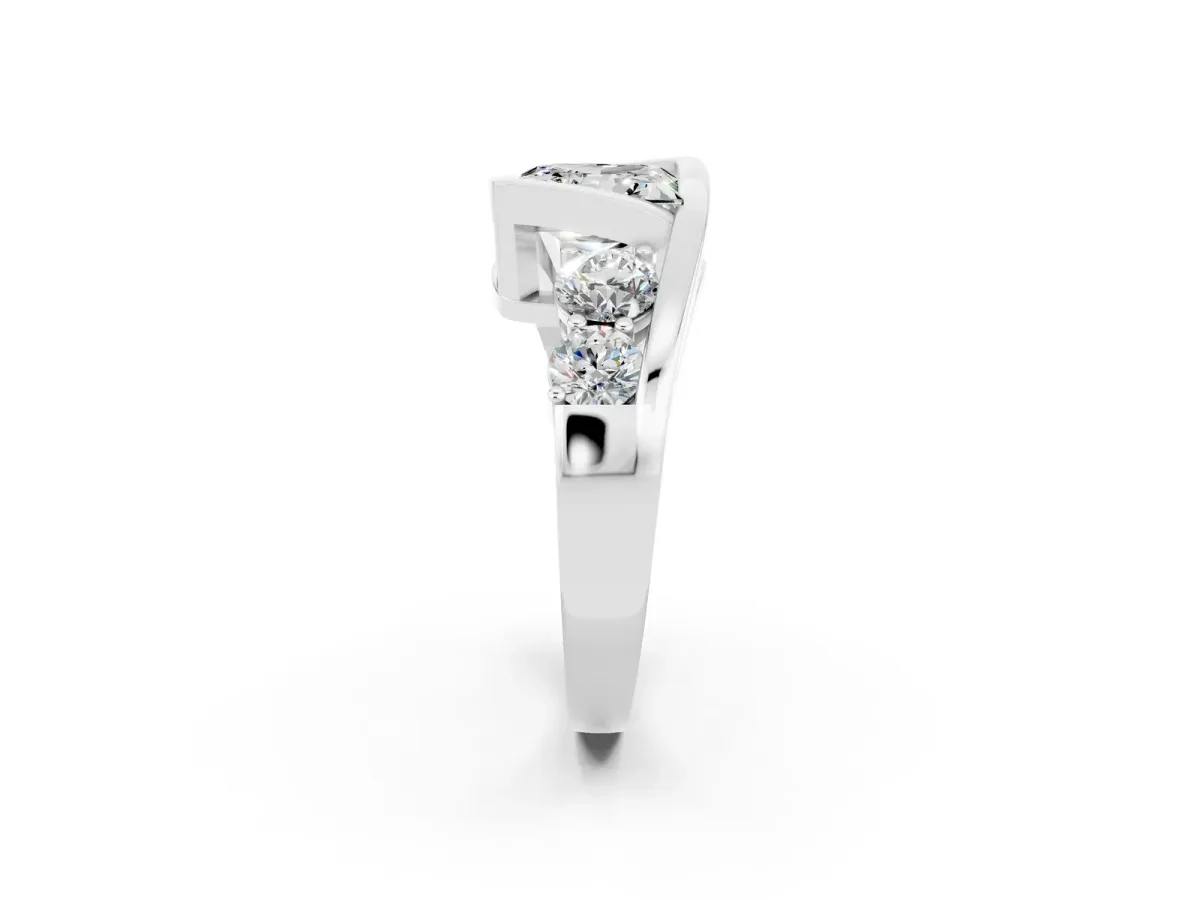 Bezel Set Princess Cut Moissanite Bypass Ring with Round Accents Silver