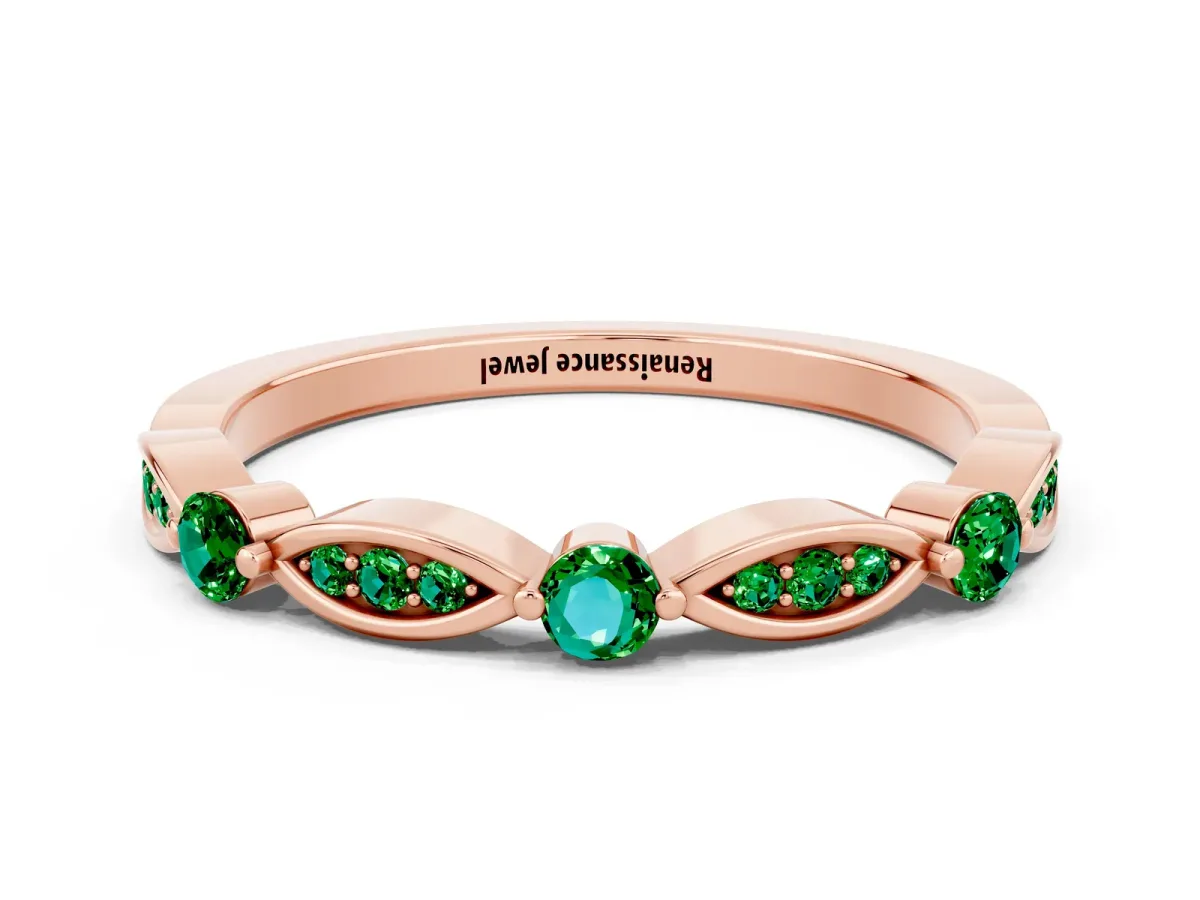 Marquise and Round Emerald Milgrain Band with Bezel Setting Rose gold