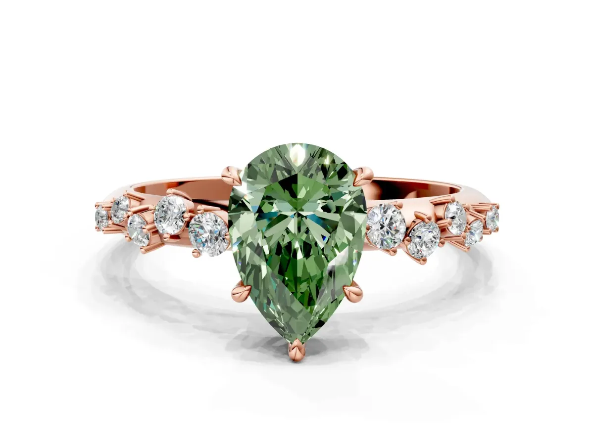 Fancy Green Pear Cut Diamond Cluster Side Stone Solitaire Ring with Prong Setting Rose gold