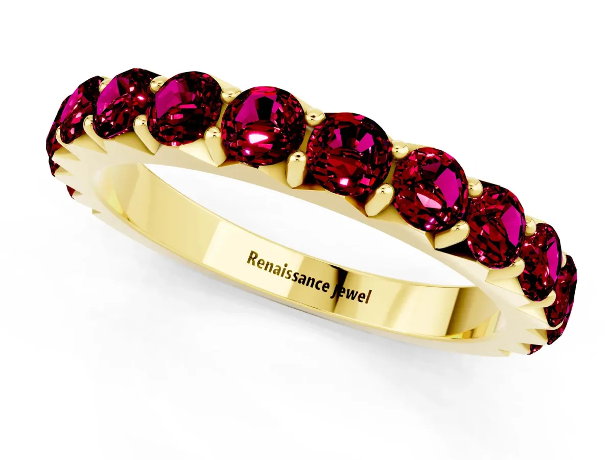 Round Garnet Half Eternity Band with Classic Prong Setting Yellow gold