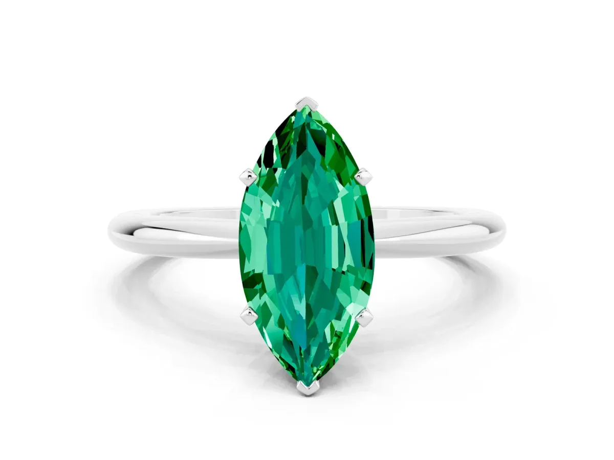 Marquise Cut Emerald Solitaire Ring with Six-Prong Setting and Classic Band Platinum