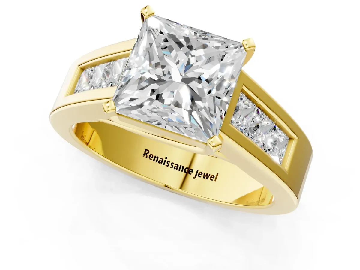 Princess Cut Cut Channel Set Solitaire Ring with Four-Prong Setting Yellow gold