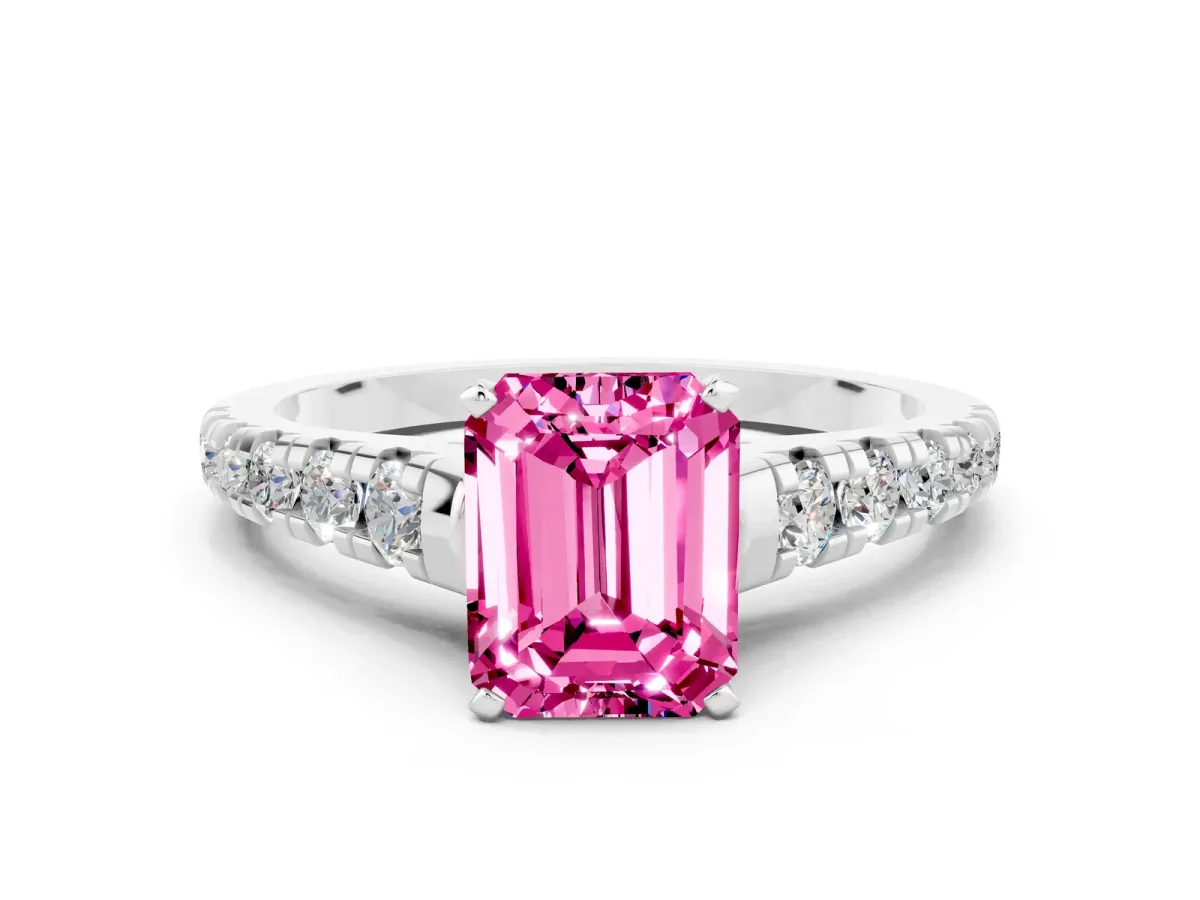 Emerald Cut Pink Sapphire Cathedral Solitaire Ring with Round Pavé Band Silver