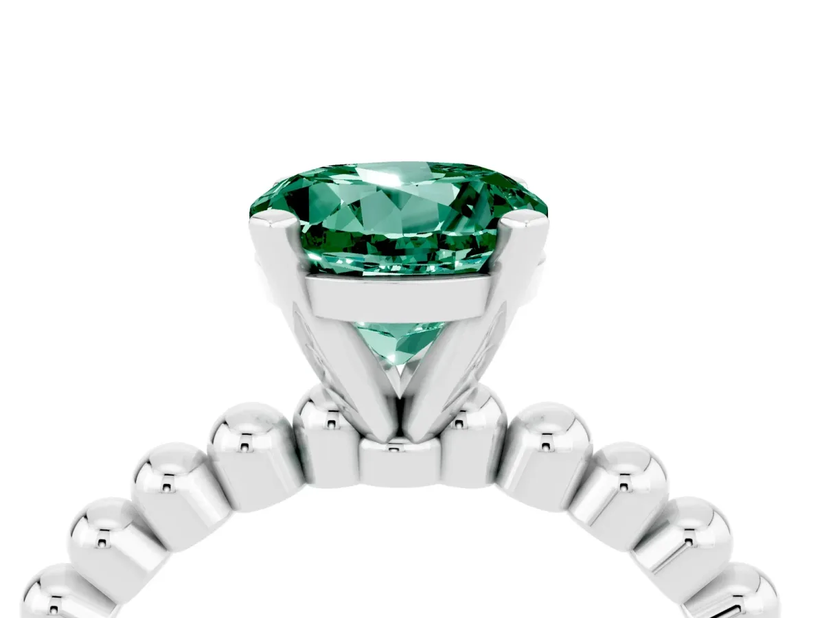 Round Cut Green Sapphire Solitaire Ring with Beaded Band and Prong Setting Silver