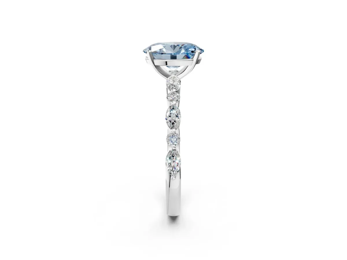 Fancy Blue Oval Cut Diamond Ring with Marquise and Round Side Stones and Four-Prong Setting Silver