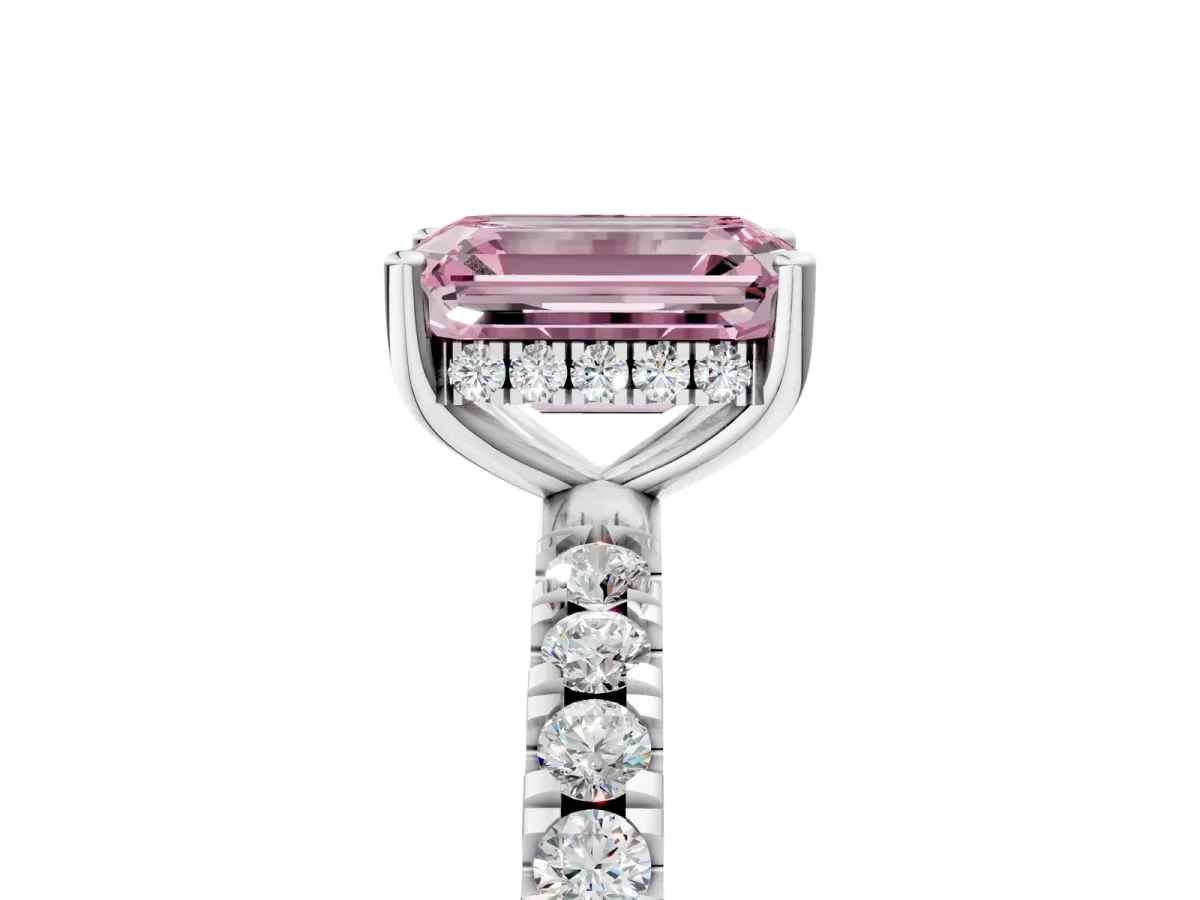 Fancy Pink Emerald Cut Diamond Pave Band Solitaire Ring with Round and Prong Setting Silver