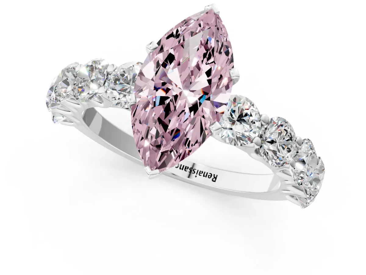 Fancy Pink Marquise Cut Diamond Prong Setting with Side Stones on a Pave Band Silver