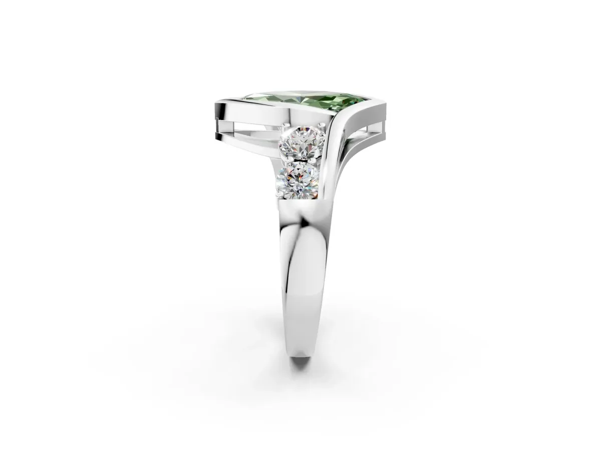 Fancy Green Bezel Set Marquise Cut Diamond Bypass Ring with Round Accents Silver
