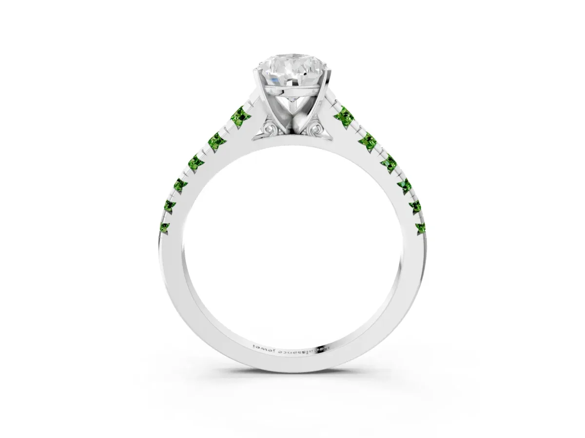 Pear Cut Diamond Cathedral Solitaire Ring with Round Peridot Pavé Band Silver