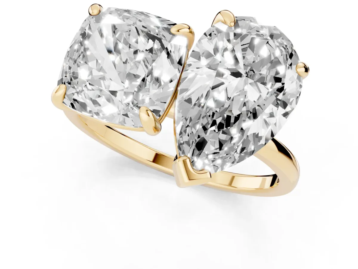 Pear and Cushion Toi Moi Ring with Prong Setting and Plain Band Yellow gold