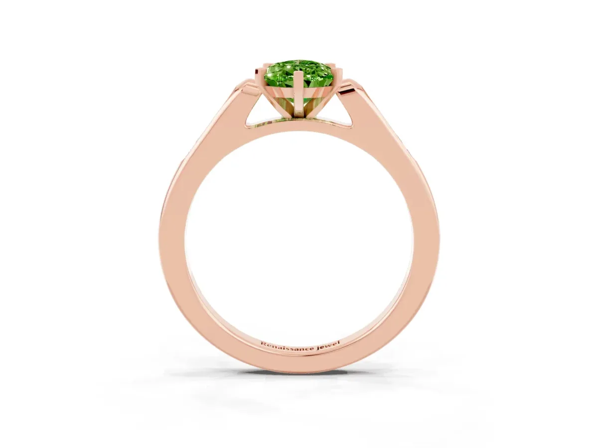 Pear Cut Peridot Solitaire Ring with Channel Set Round Band and Prong Setting Rose gold