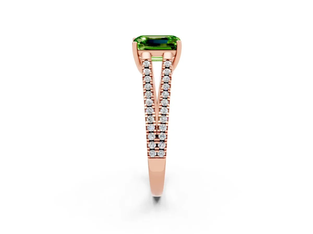 Emerald Cut Peridot Solitaire Engagement Ring with Split Shank Pavé Band Rose gold