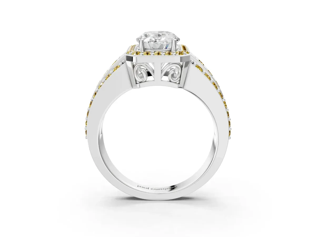 Oval Cut Halo Diamond Ring with Round Yellow Sapphire Split Shank and Prong Setting Silver