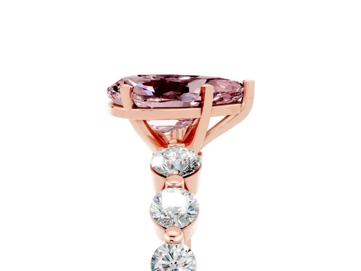 Pear Cut Solitaire Morganite Ring with Pave Band and Four-Prong Setting Rose gold