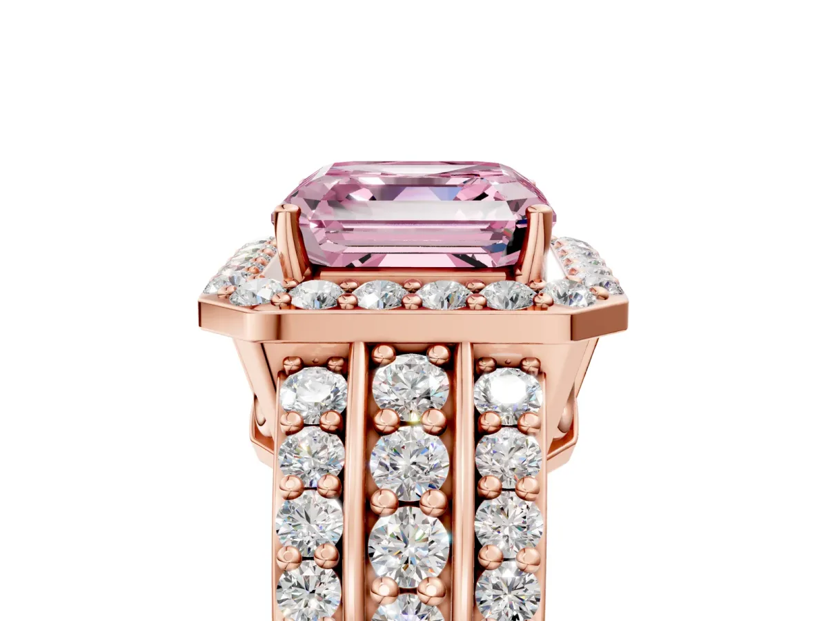 Fancy Pink Asscher Cut Halo Diamond Ring with Round Split Shank and Prong Setting Rose gold
