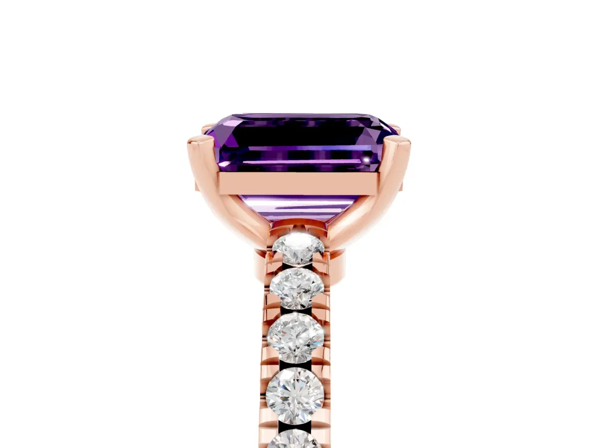 Emerald Cut Solitaire Amethyst with Pavé Band and Four-Prong Setting Rose gold